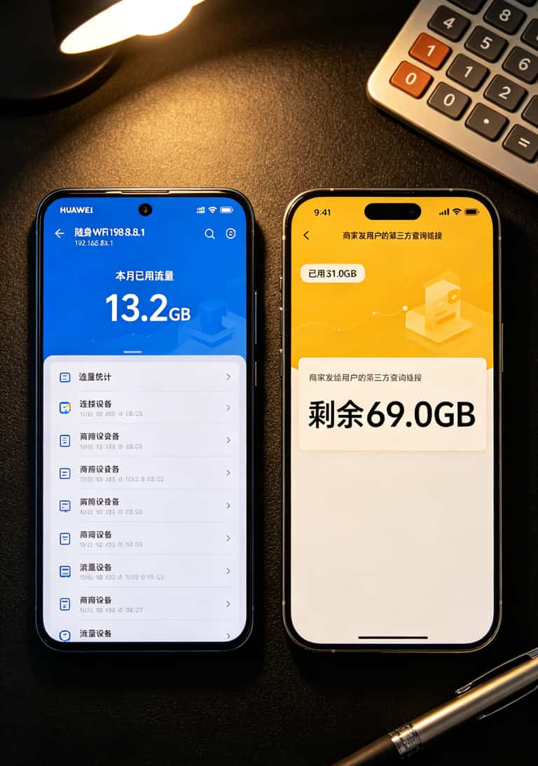华为随身WiFi后台流量统计页面，显示已用13g，旁边手机显示商家链接截图显示31g