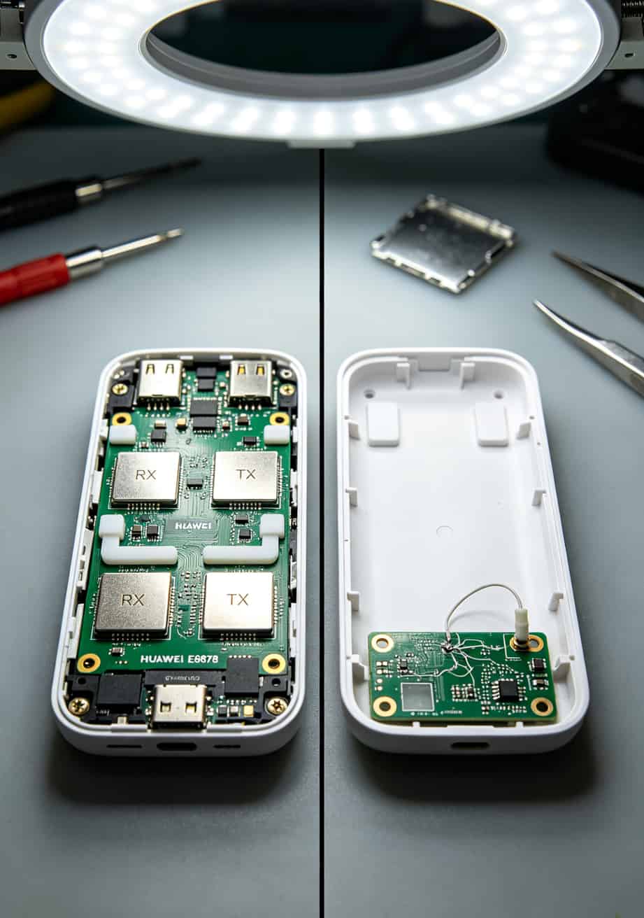 华强北被骗499块后,我拿华为6G随身WiFi实测了那张2021移动流量卡,结果出乎意料 华为6G随身WiFi与杂牌设备内部天线结构对比图,标注四天线和单天线差异