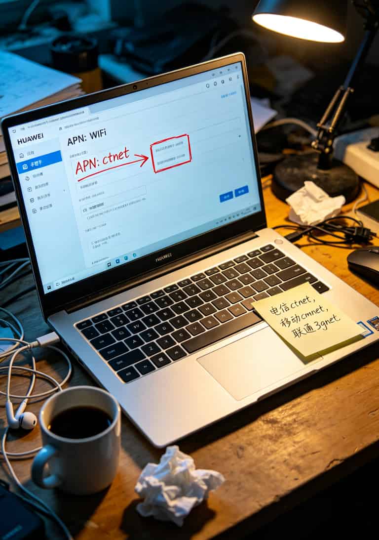跑了8年业务,换了4台华为随身WiFi,最后还是这张“长期19元月租流量卡”治好了我的焦虑 华为随身WiFi后台APN设置页面,红框标出输入框