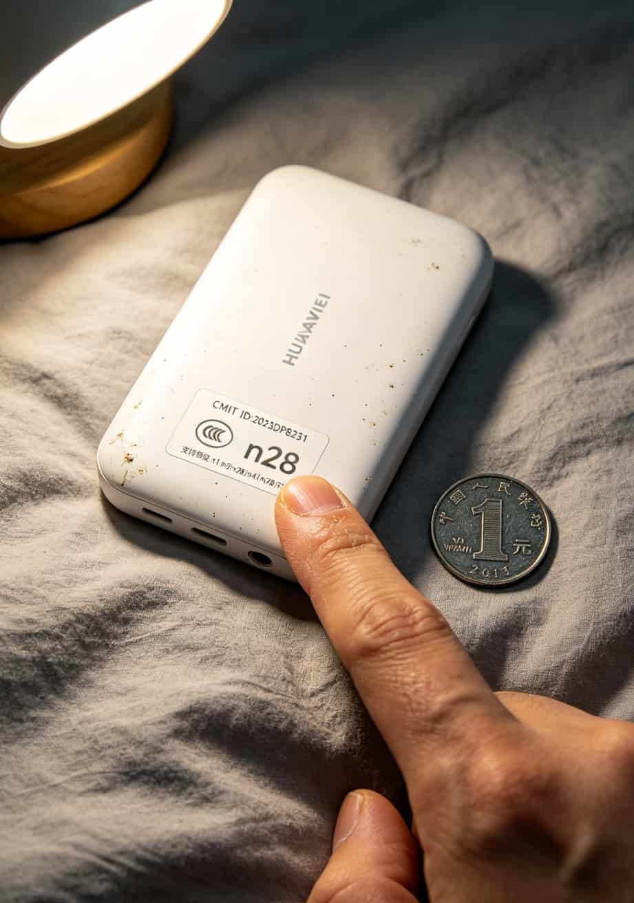 华为随身WiFi背面标签特写，红框标出CMIIT ID和频段信息