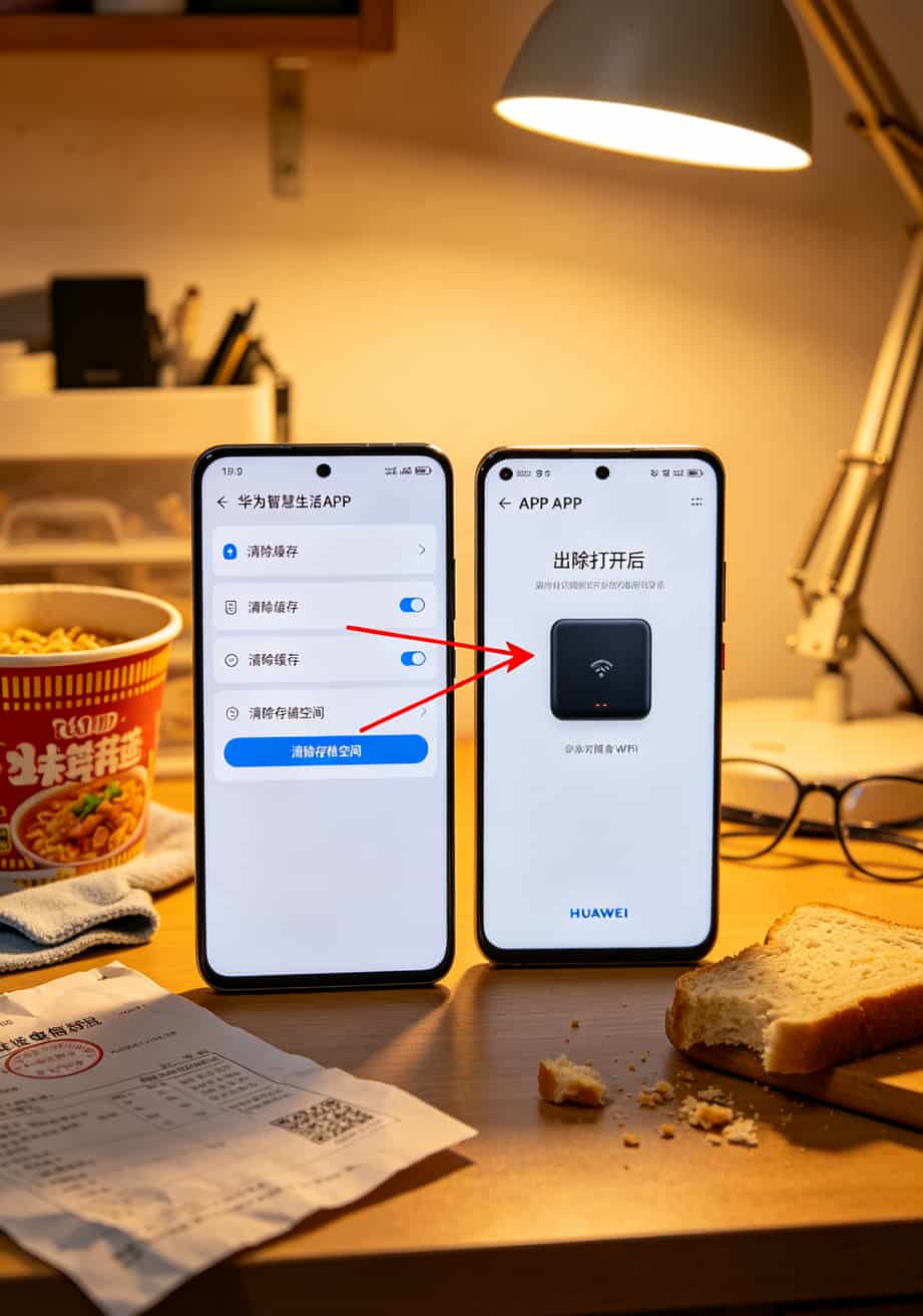 华为随身WiFi老断网?别急着换设备!先办张联通流量卡不限量,再按这土法排查,90%故障自己搞定 华为智慧生活APP清除缓存操作步骤截图
