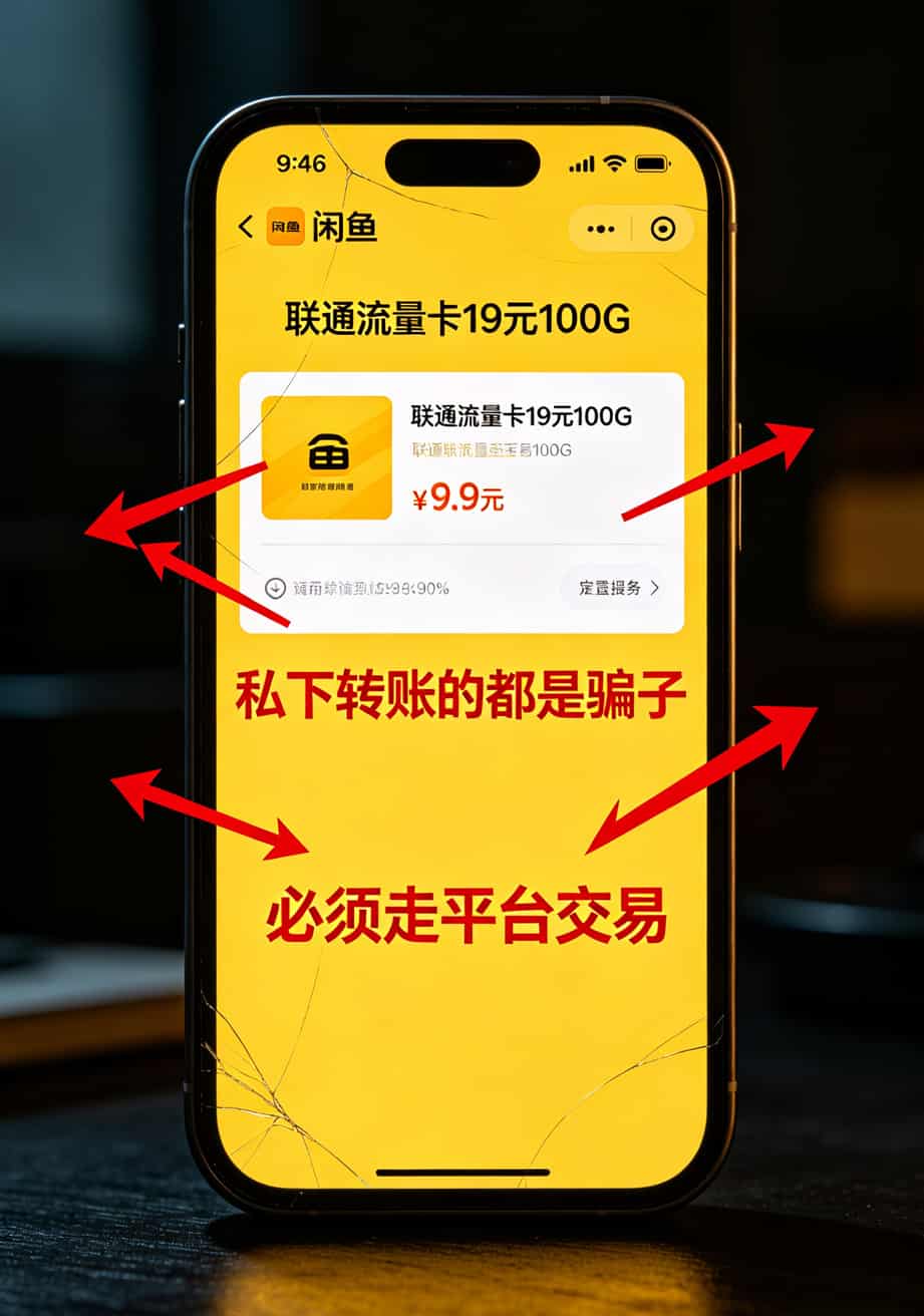联通流量卡19元100G,到底值不值?我修了六年手机,实话全撂这了 闲鱼上联通流量卡商品的截图,标注“走平台交易”提示