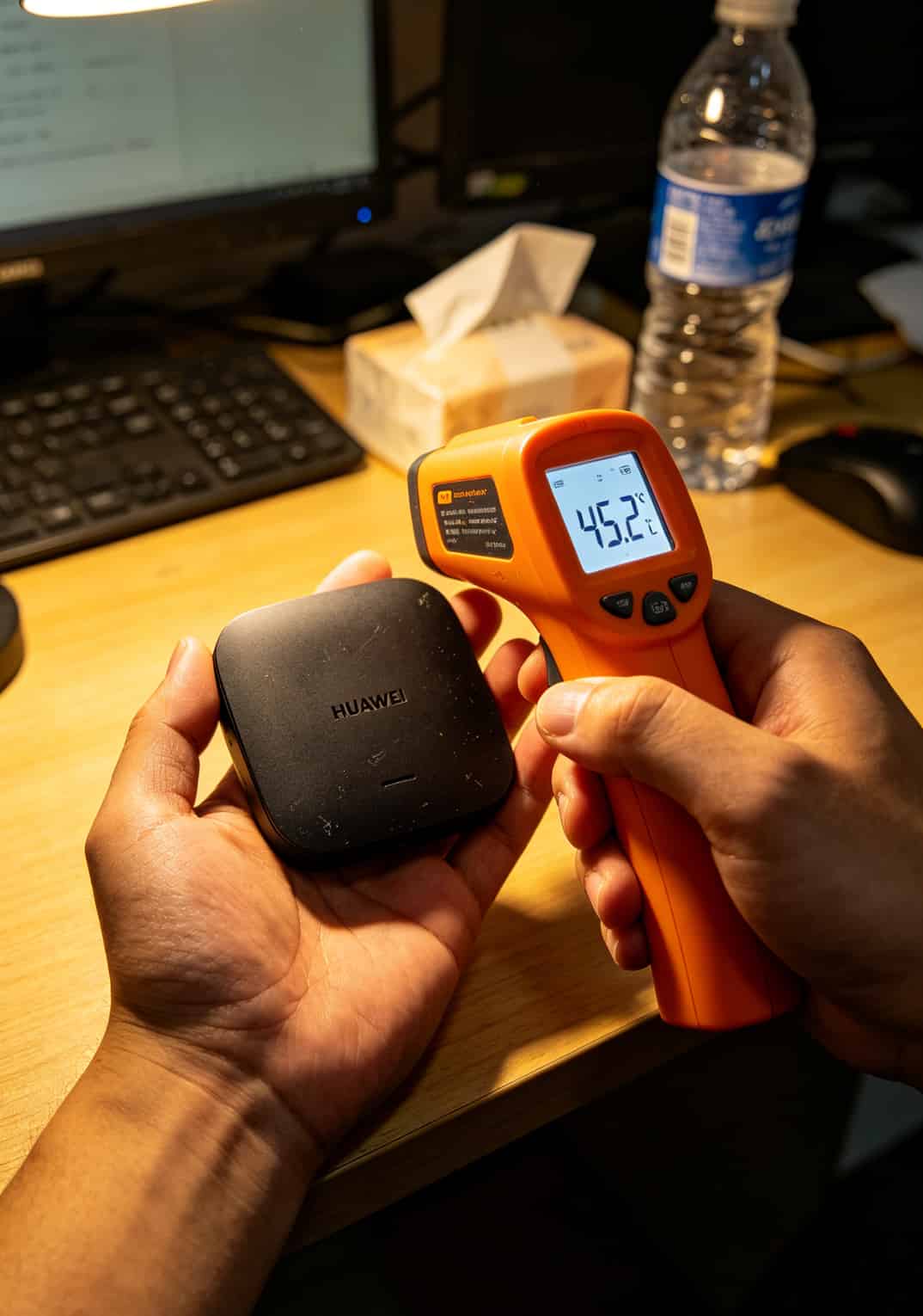 华为随身WiFi烫手还断网?配了28元100g流量卡折腾仨月,这些坑我都替你踩过了 红外测温枪显示华为随身WiFi表面温度45℃