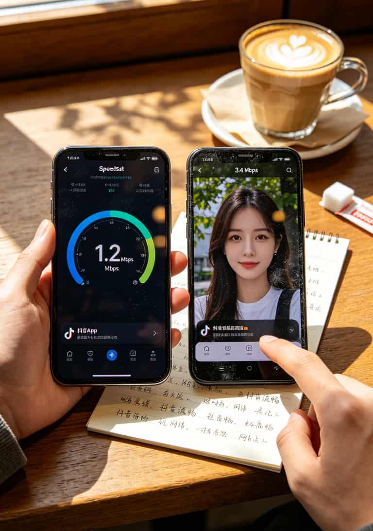 手机流量限速后网速测试，1M和3M刷抖音对比截图