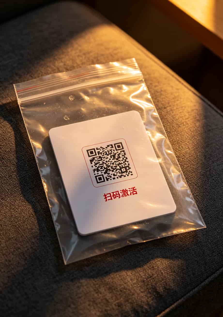 物联卡包装袋特写，上面印着“扫码激活”二维码