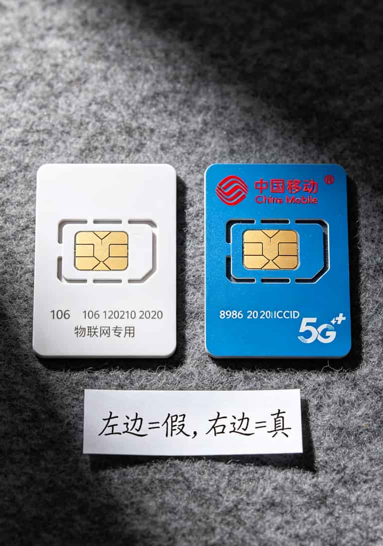 华强北被骗499块后,我拿华为6G随身WiFi实测了那张2021移动流量卡,结果出乎意料 线上购买的物联卡与正规运营商SIM卡外观对比,标注关键区别