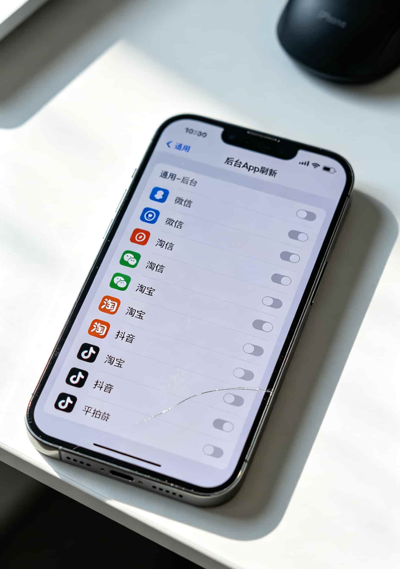iPhone设置截图，“后台App刷新”开关处于关闭状态