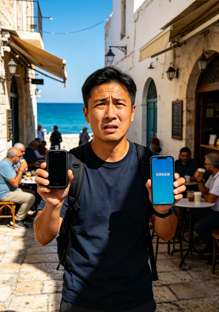 特拉维夫街头手持随身WiFi设备没电的画面