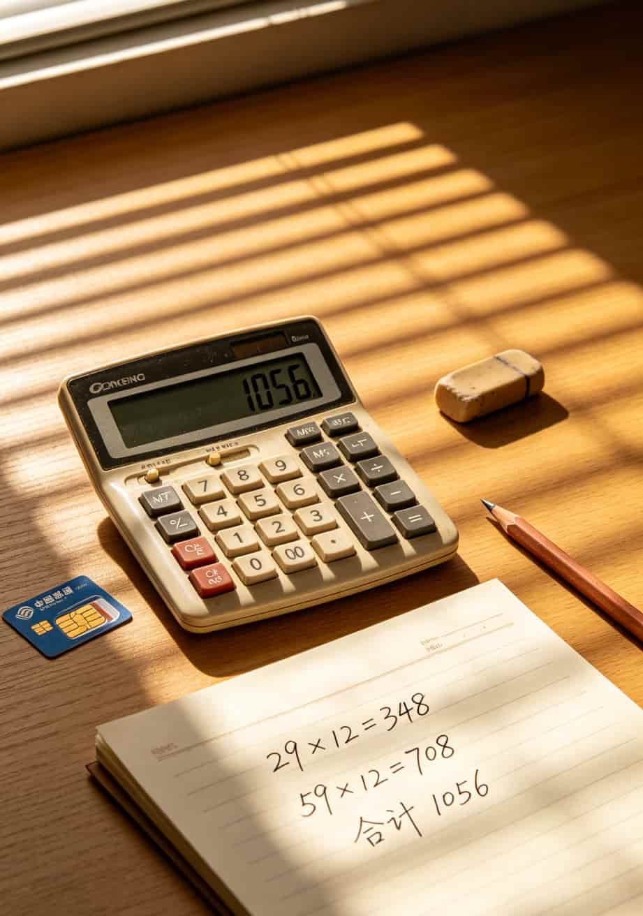 办联通卡开流量卡?29元100G那个套餐,我先泼盆冷水 计算器上显示数字1056,旁边放着一张联通SIM卡