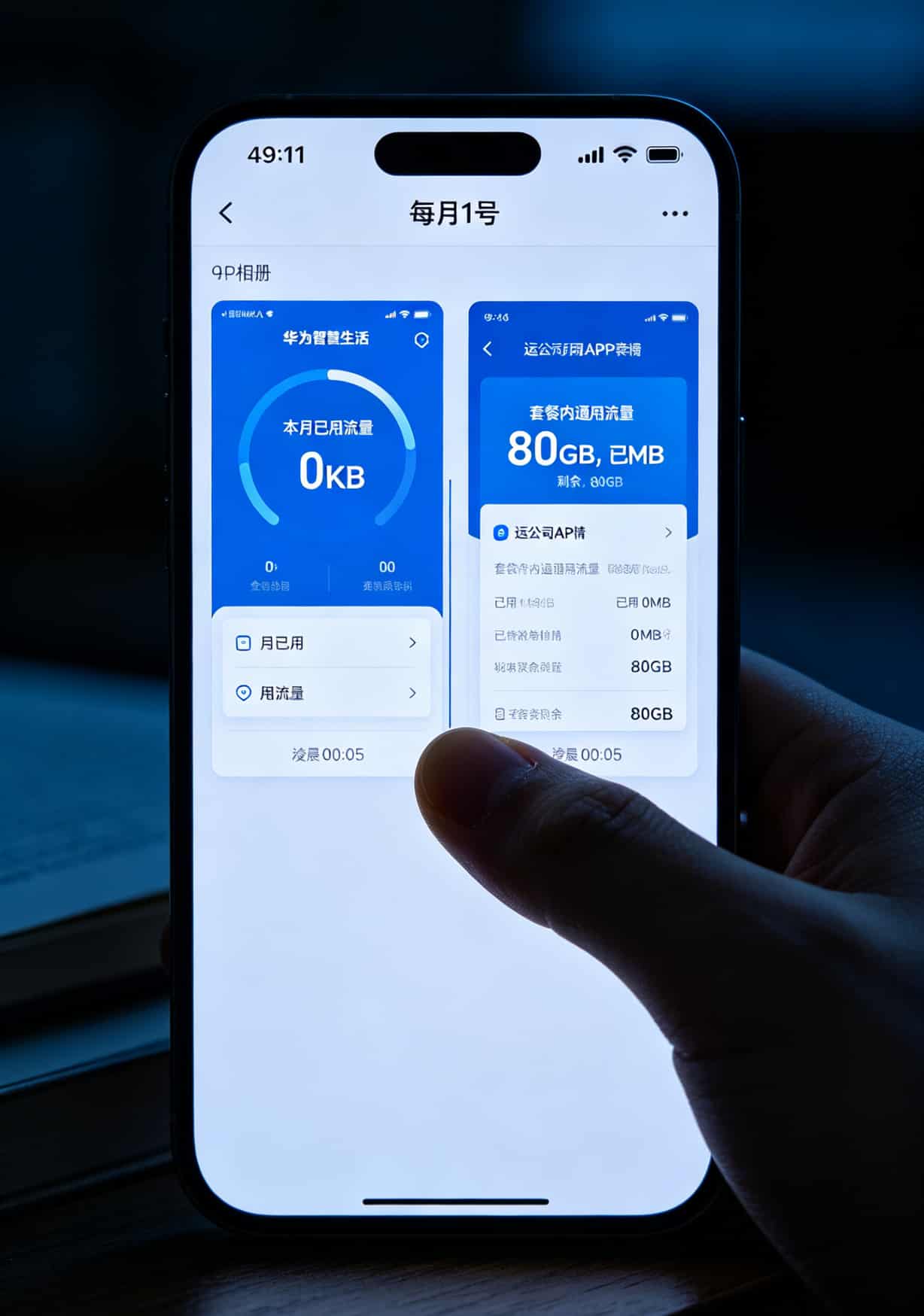 手机相册里两张截图并排，一张是华为APP流量界面，一张是运营商APP套餐界面