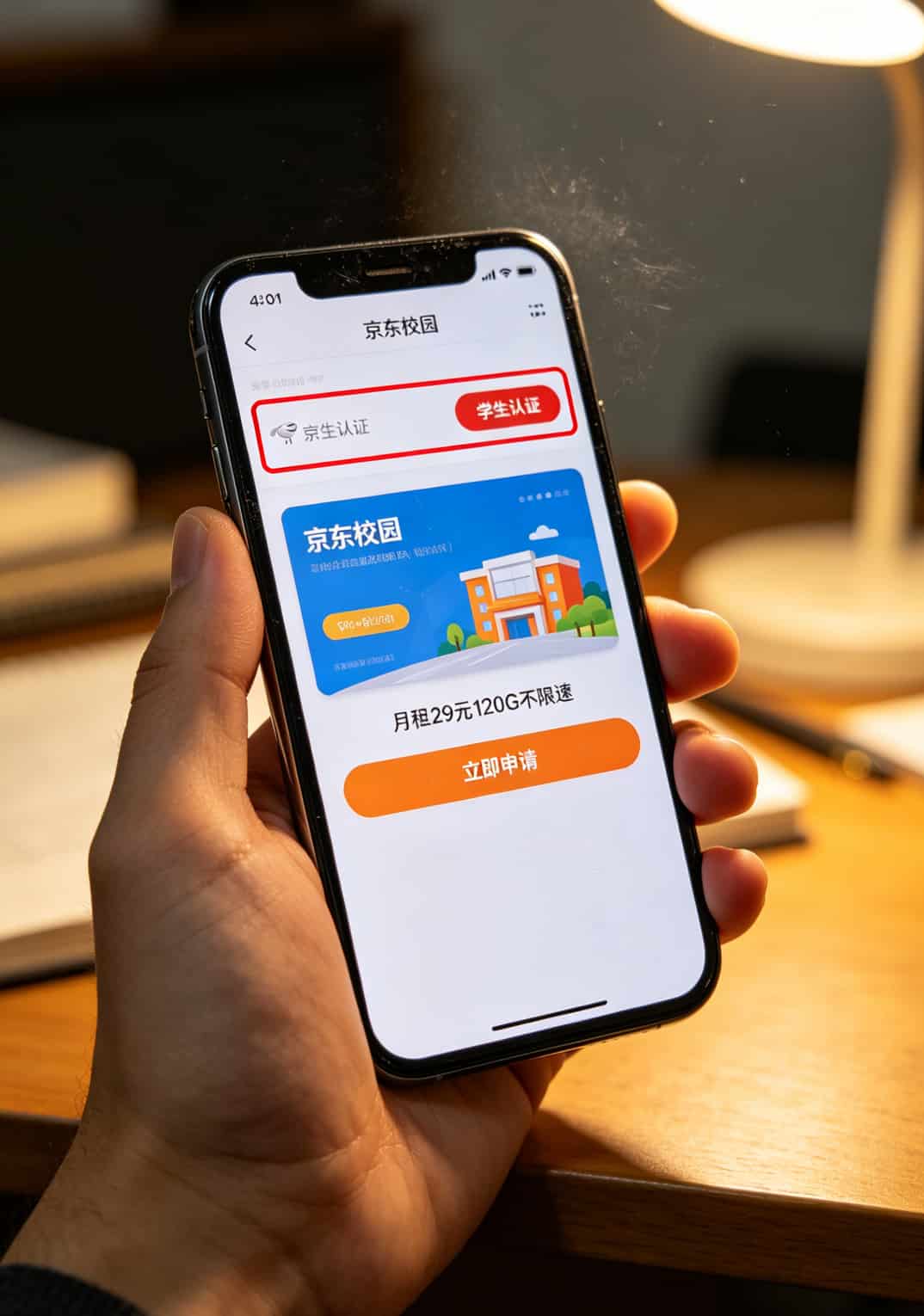 跑了三趟营业厅,终于搞明白不限速流量卡哪个最划算(附10张实测截图位置) 京东App校园卡申请页面截图,红框标出学生认证入口