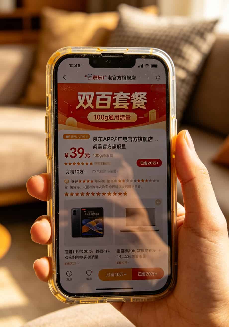 一张50元100g流量卡+华为随身WiFi,我替你们踩了半年坑,这是真实体验 京东广电官方旗舰店双百套餐购买页面截图