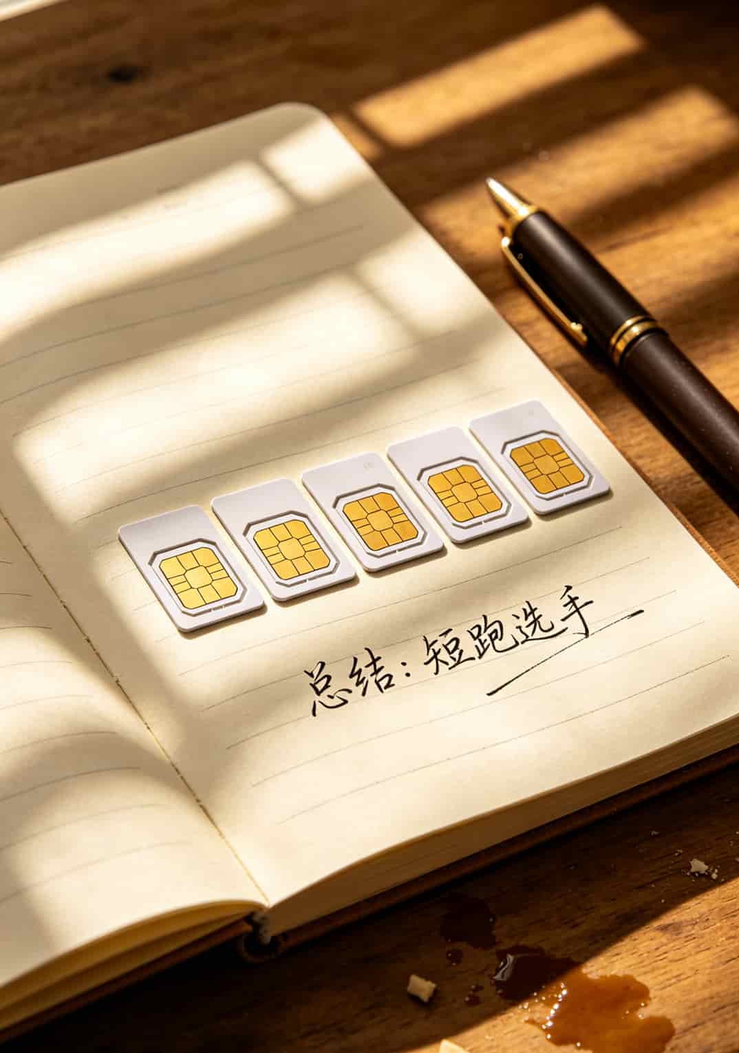 五张流量卡排成一排，最上面一张写着“总结：短跑选手”