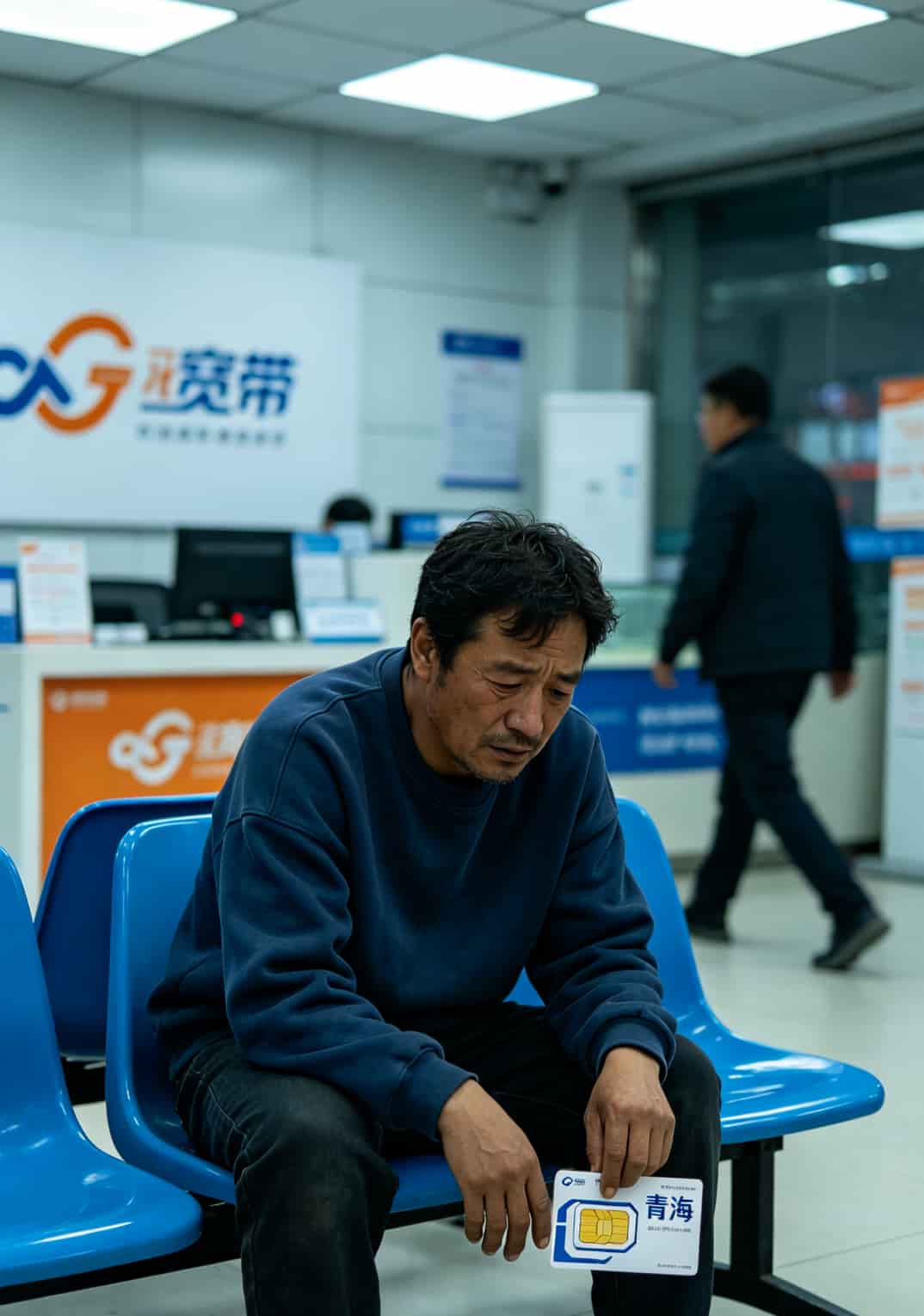 19元100g流量卡,我折腾半年终于搞明白了!靠谱的流量卡办理入口长这样 用户坐在宽带营业厅等候区,手里拿着外地归属地的SIM卡包装