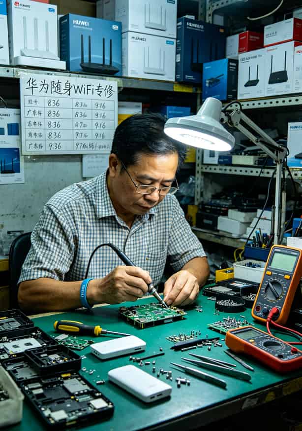跑了9张卡亏了400块,终于搞懂电讯流量卡哪个价格低(2026实测) 华强北电子市场档口老板老陈正在维修华为836随身WiFi