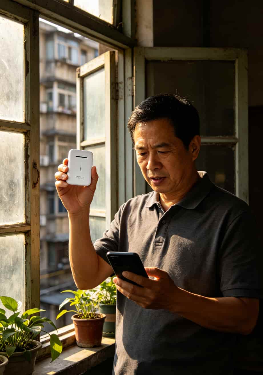 老李手拿中兴K10站在窗户边测信号