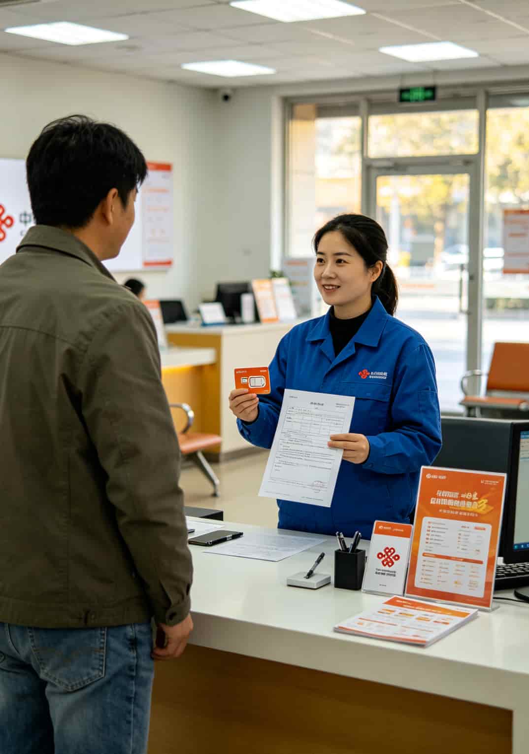 办联通卡开流量卡?29元100G那个套餐,我先泼盆冷水 联通营业厅服务台,工作人员正在办理业务