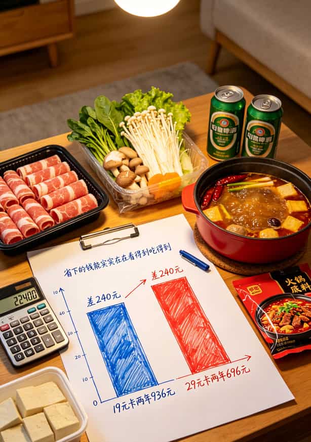 两年花费对比柱状图，936元vs696元，旁边放着一顿火锅的食材