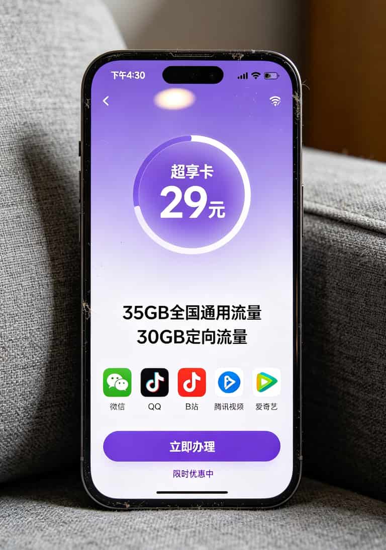 联通超享卡套餐详情页截图，显示35GB通用流量+30GB定向流量，月租29元