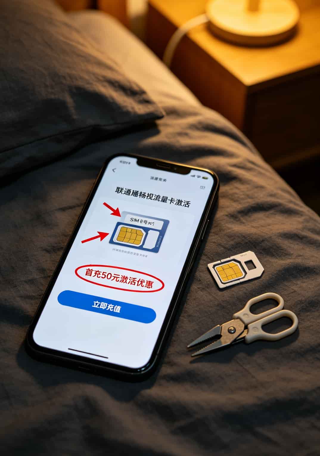 激活流程截图，标出首充50元的要求用红色箭头