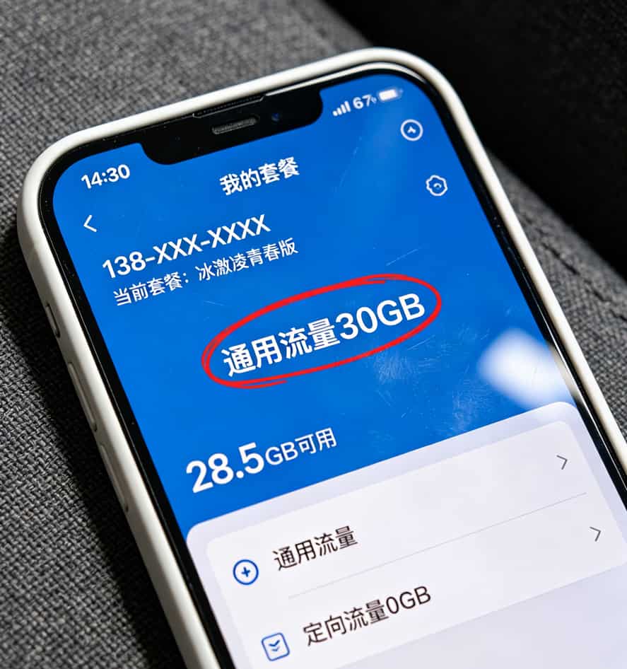 联通官方APP套餐详情页截图，标出30GB通用流量字样