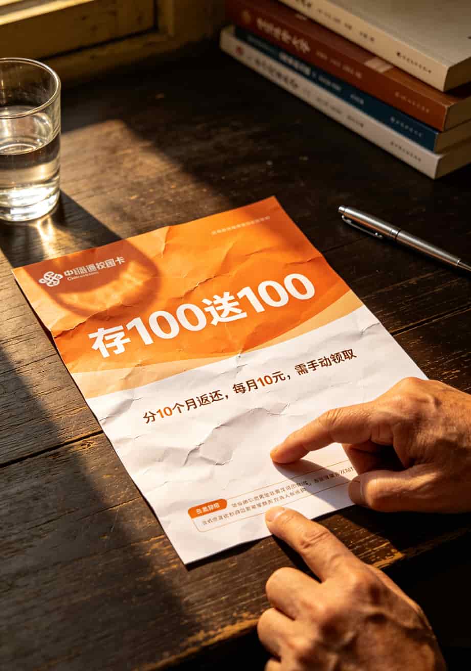 联通校园卡存一百送一百宣传单实拍，小字标注返还规则