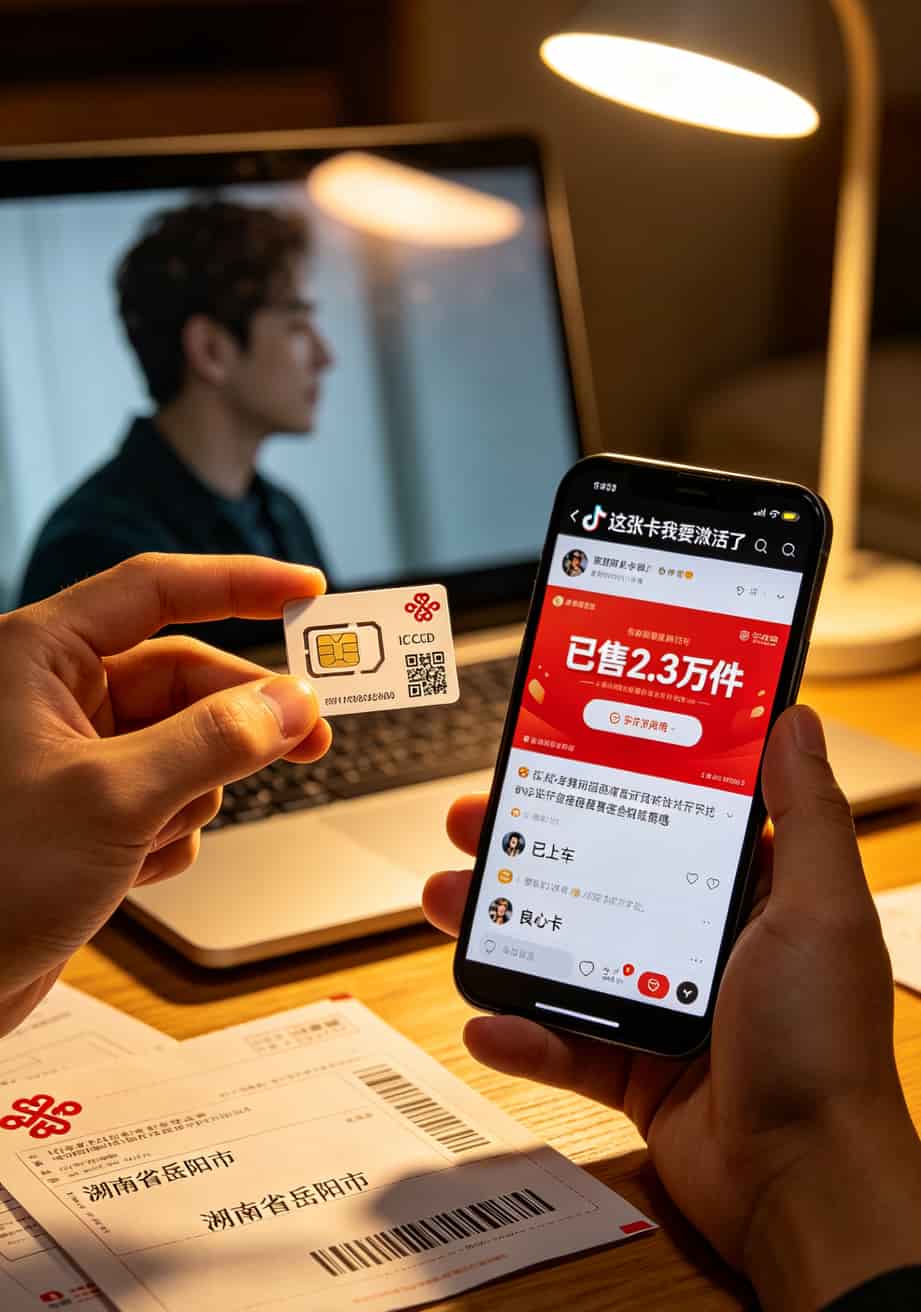 抖音上联通流量卡9元广告的截图，评论显示已售2.3万件