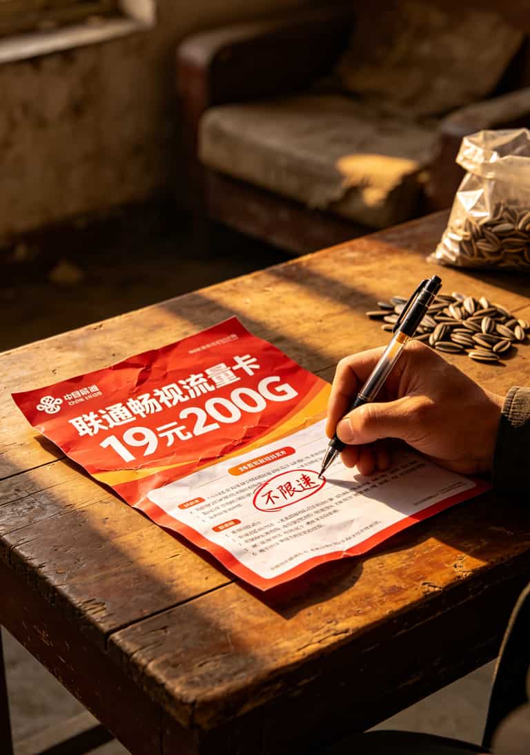 联通畅视流量卡宣传广告截图，红底白字写着19元200G