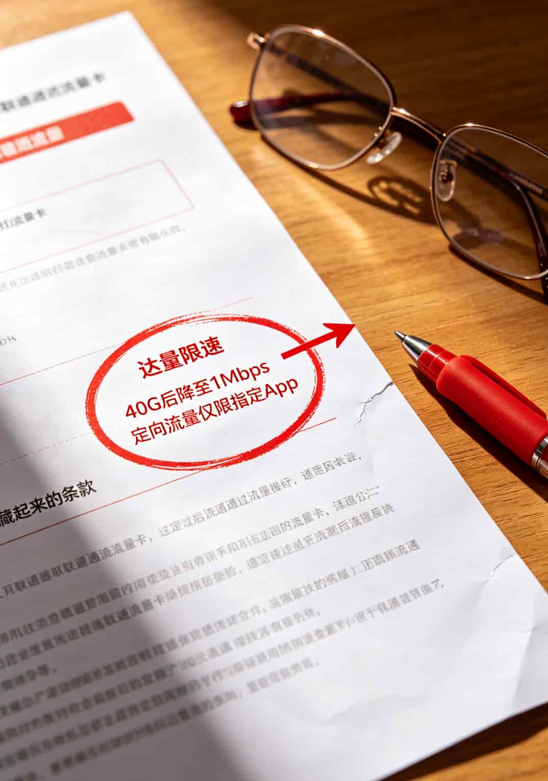 联通流量卡19元100G,到底值不值?我修了六年手机,实话全撂这了 联通流量卡套餐小字条款放大截图,红圈标注限速和定向流量说明