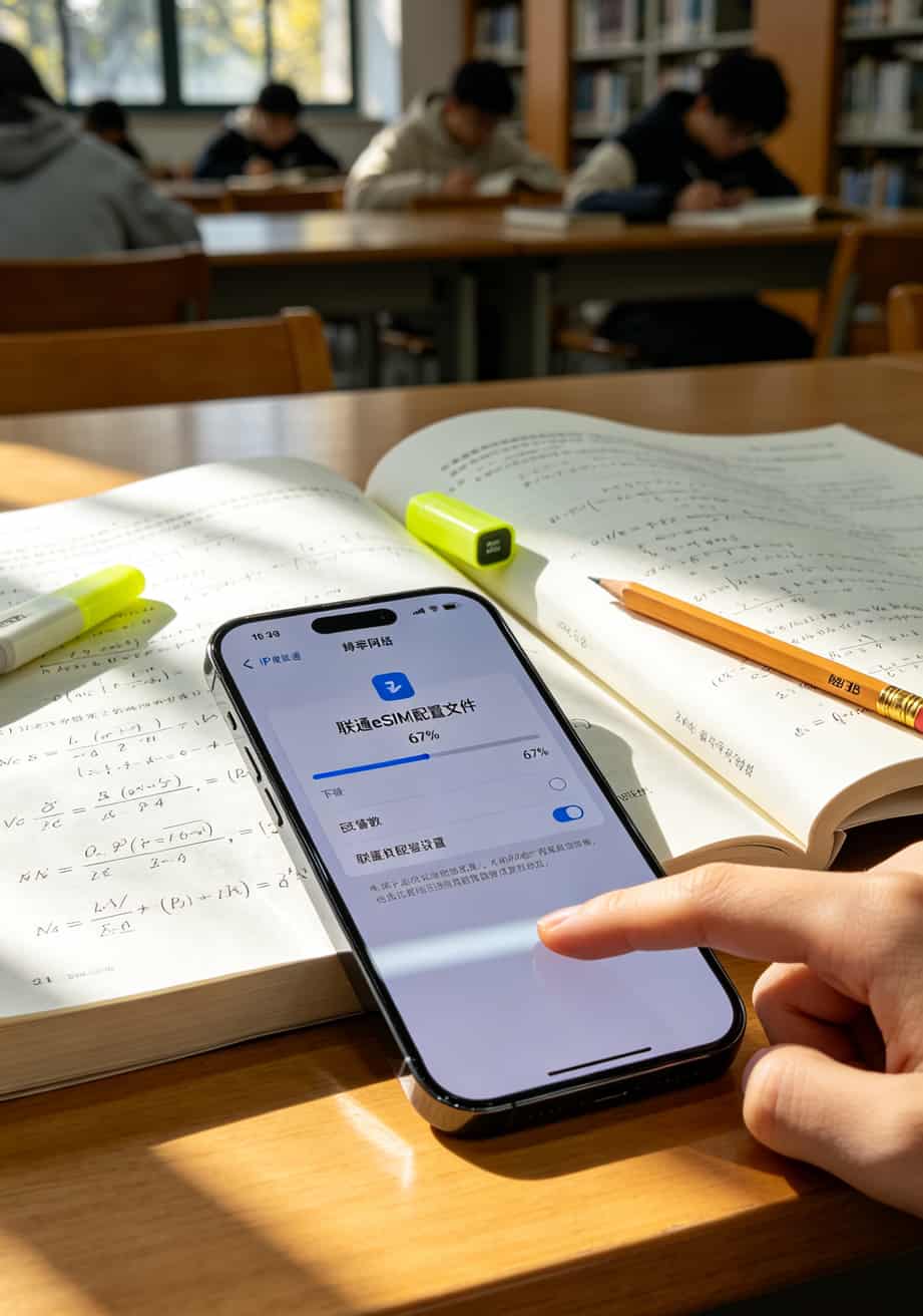 联通eSIM手机设置界面截图，显示下载配置文件的步骤