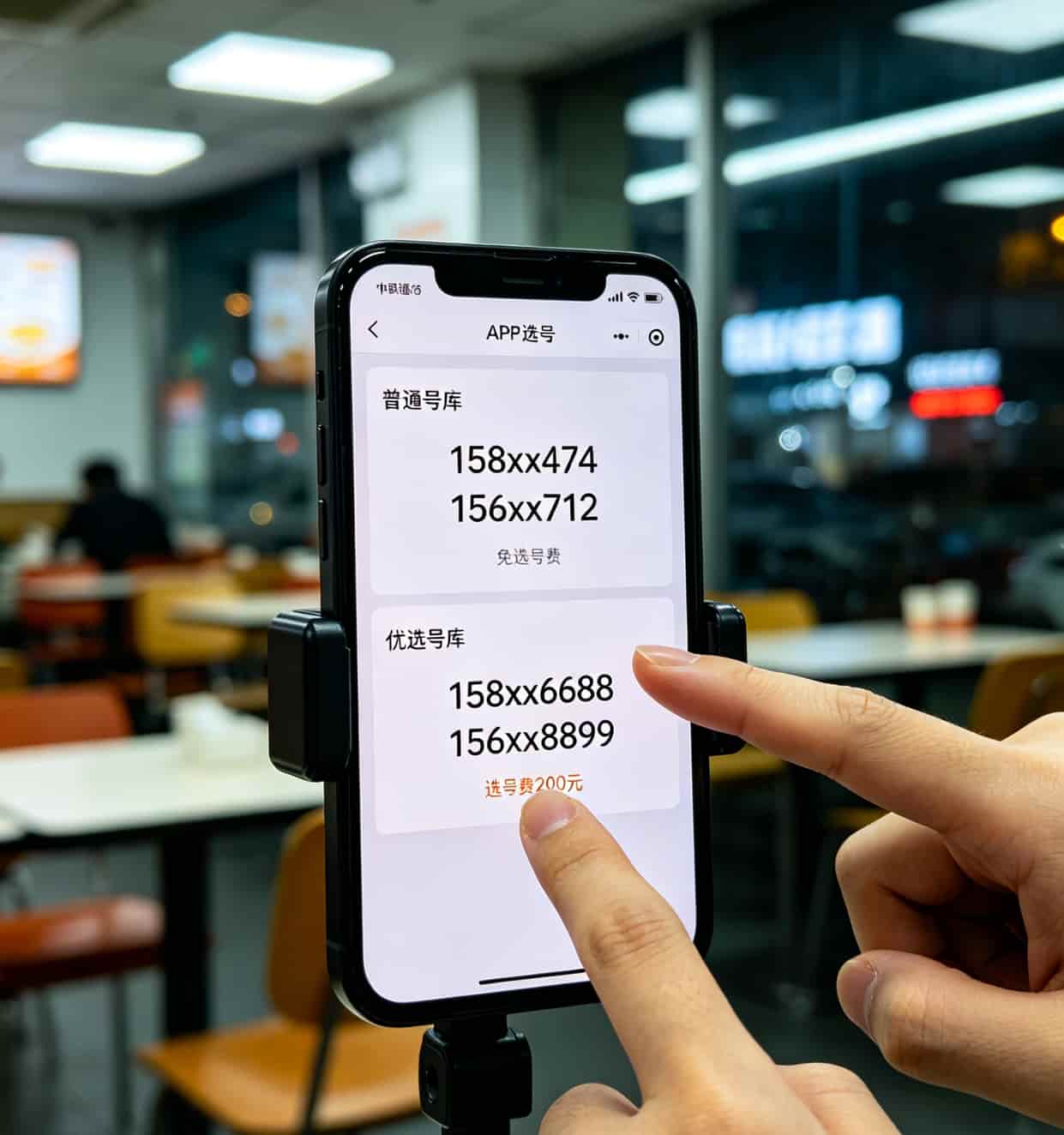 联通APP选号界面截图，免费号段和付费靓号对比