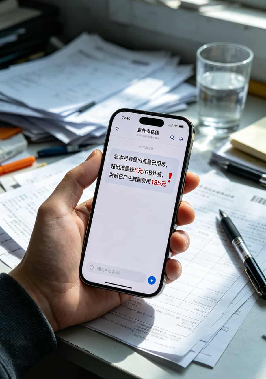 手机流量提醒截图显示已用尽并产生超额费用