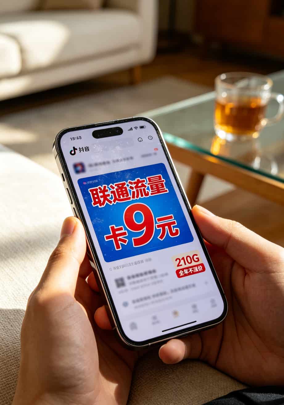 联通流量卡9元广告截图，大字标红9元，底下有看不清的小字说明