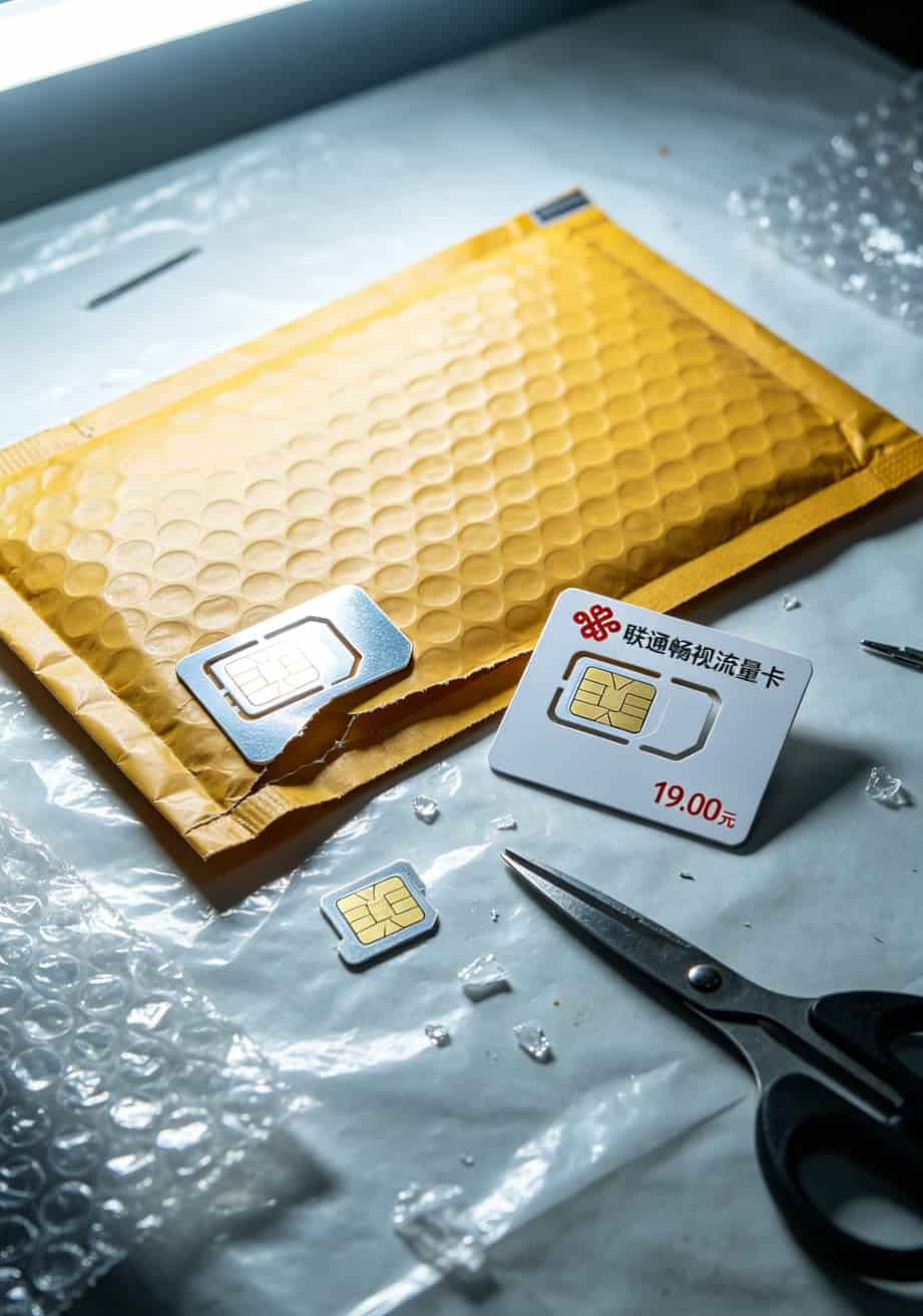 联通畅视流量卡实物包装，黄色快递信封和SIM卡卡板