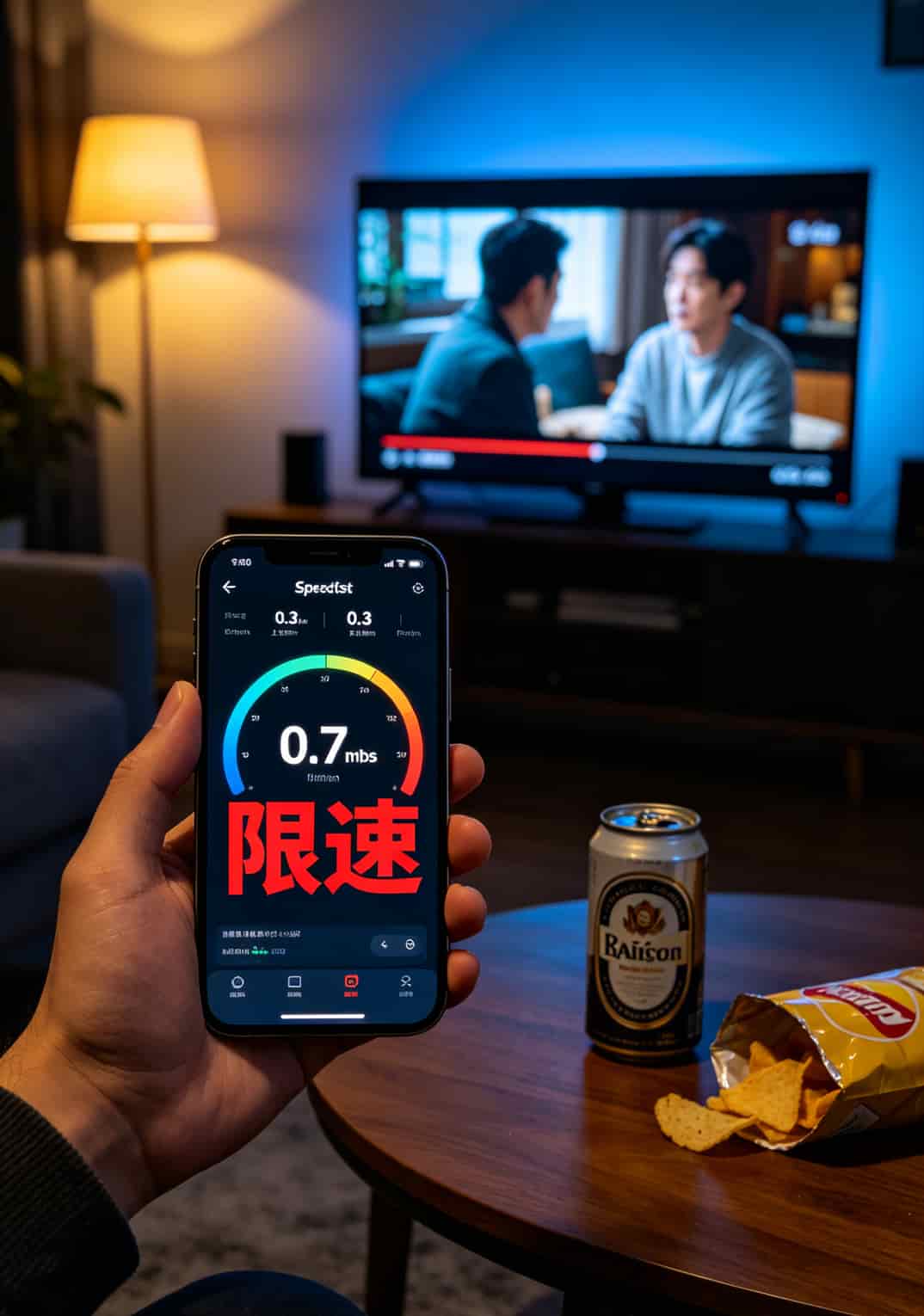 网速测速截图显示下载0.7Mbps上传0.3Mbps，红色字体标注限速