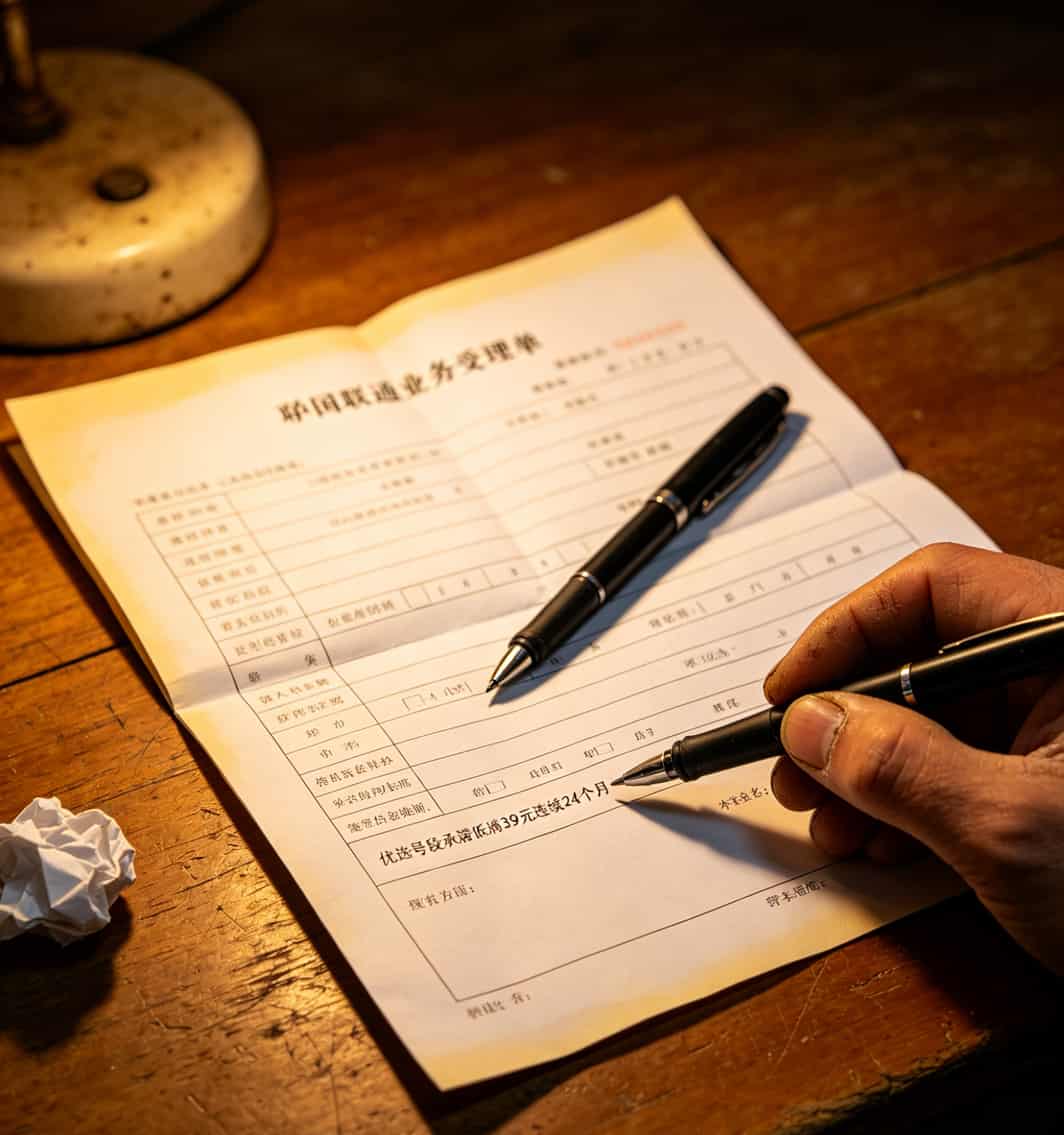 联通业务受理单小字条款特写，箭头指向低消承诺