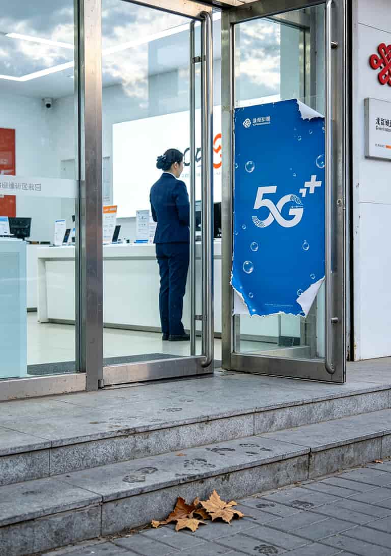 北京通州某联通营业厅门口，玻璃门上贴着5G海报