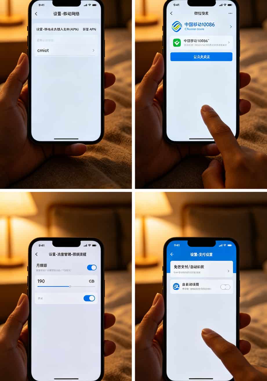 手机操作界面的分步截图，第一步改APN、第二步绑公众号、第三步设限额、第四步关自动续费