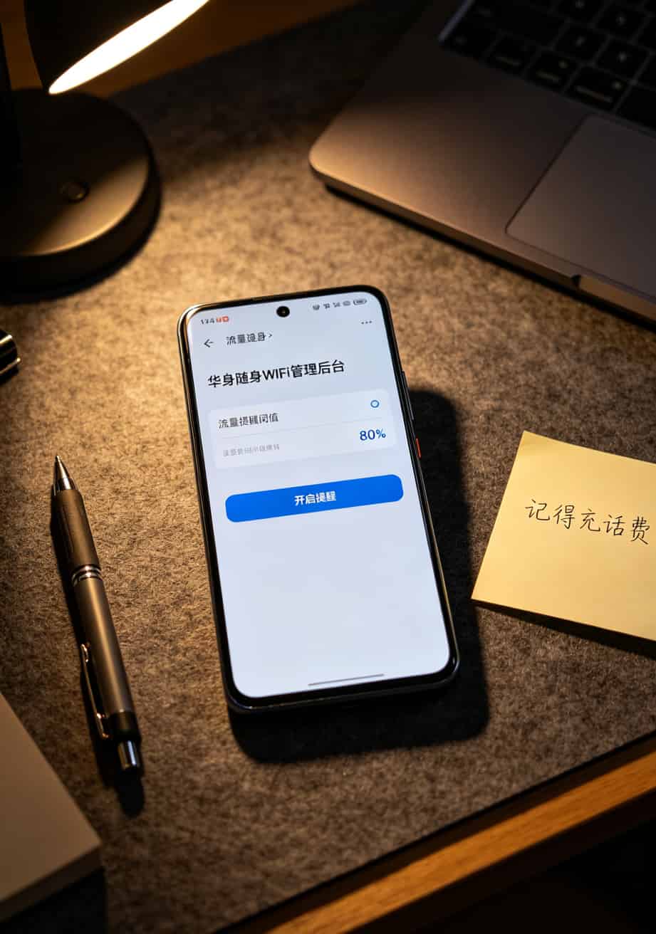 华为随身WiFi配卡血泪史:E5375/C5/WiFi3用户必看,办理流量卡流量卡入口这样选不踩坑 华为随身WiFi后台流量提醒设置界面,80%阈值设置截图