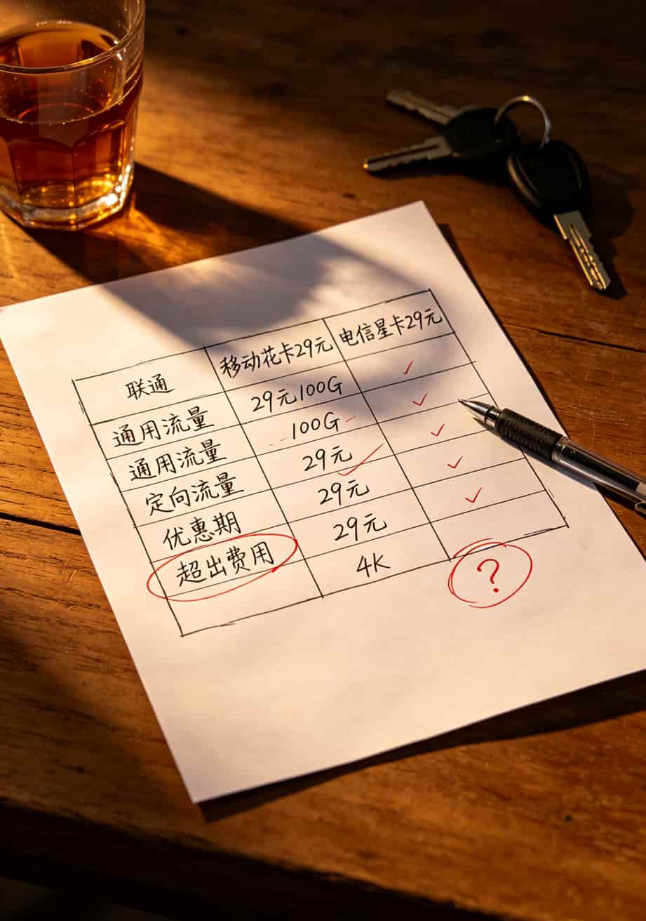 办联通卡开流量卡?29元100G那个套餐,我先泼盆冷水 手机流量套餐对比表格截图,多个红圈标注重点