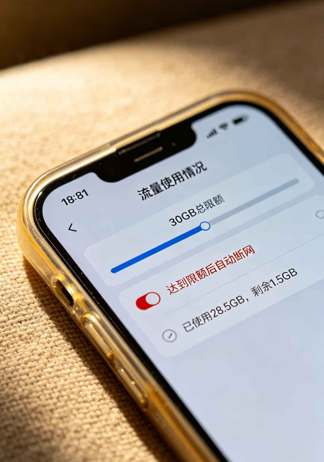 手机流量监控设置界面，显示设定限额和警告阈值
