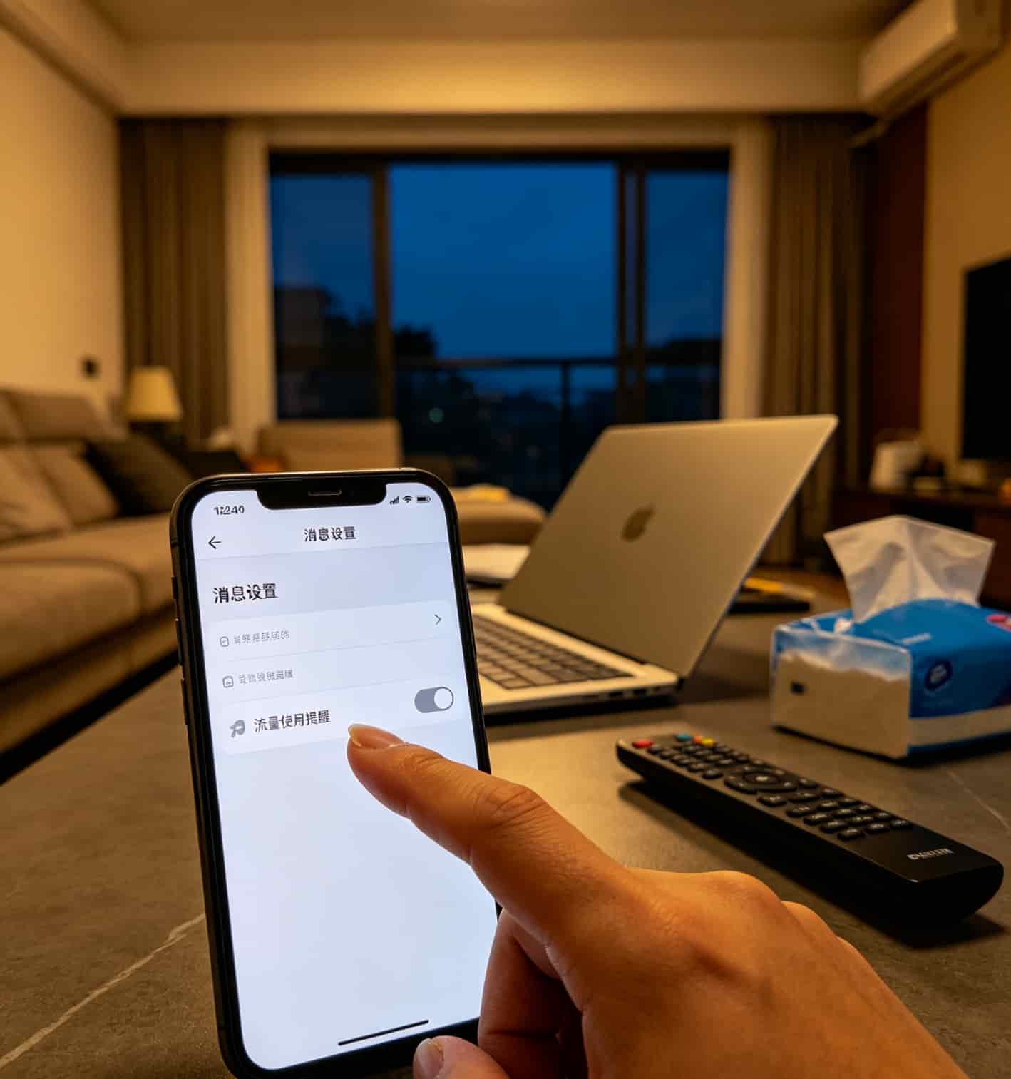 运营商APP设置界面，圈出“流量提醒”开关