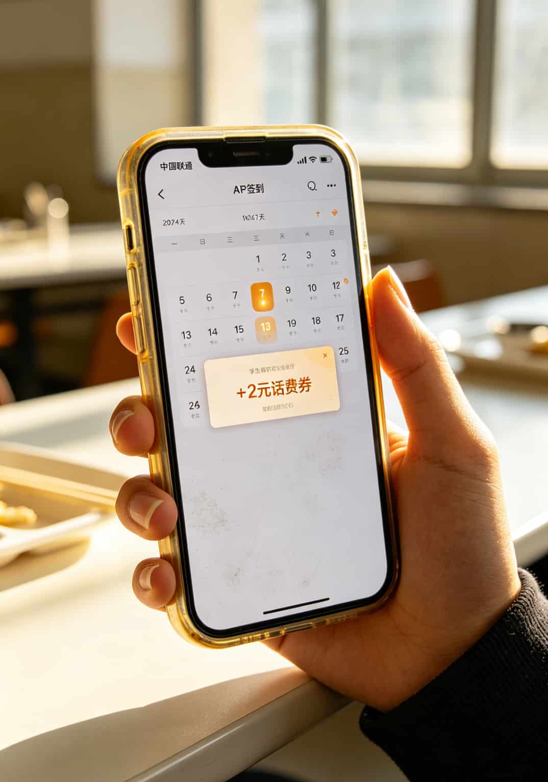 联通APP签到页面截图，显示连续签到7天获得2元话费券