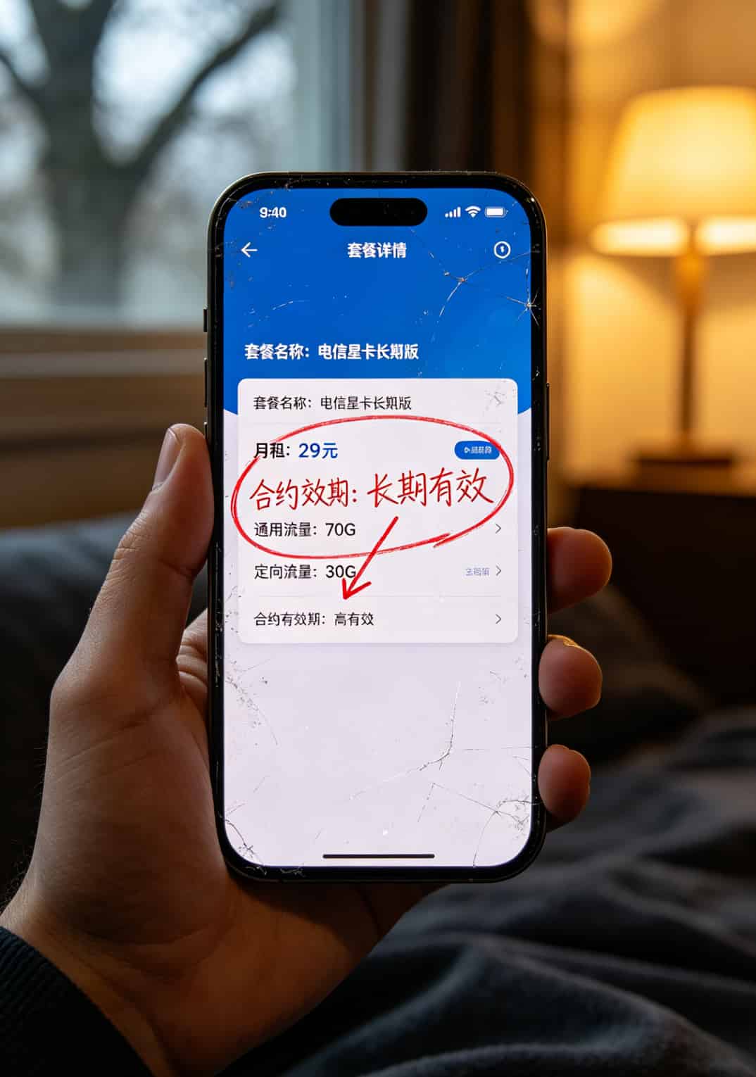 用了8年流量卡,终于敢说透“流量卡29元永久套餐”的真相 一张手机截图,红色箭头指着套餐详情里的“长期有效”四个字