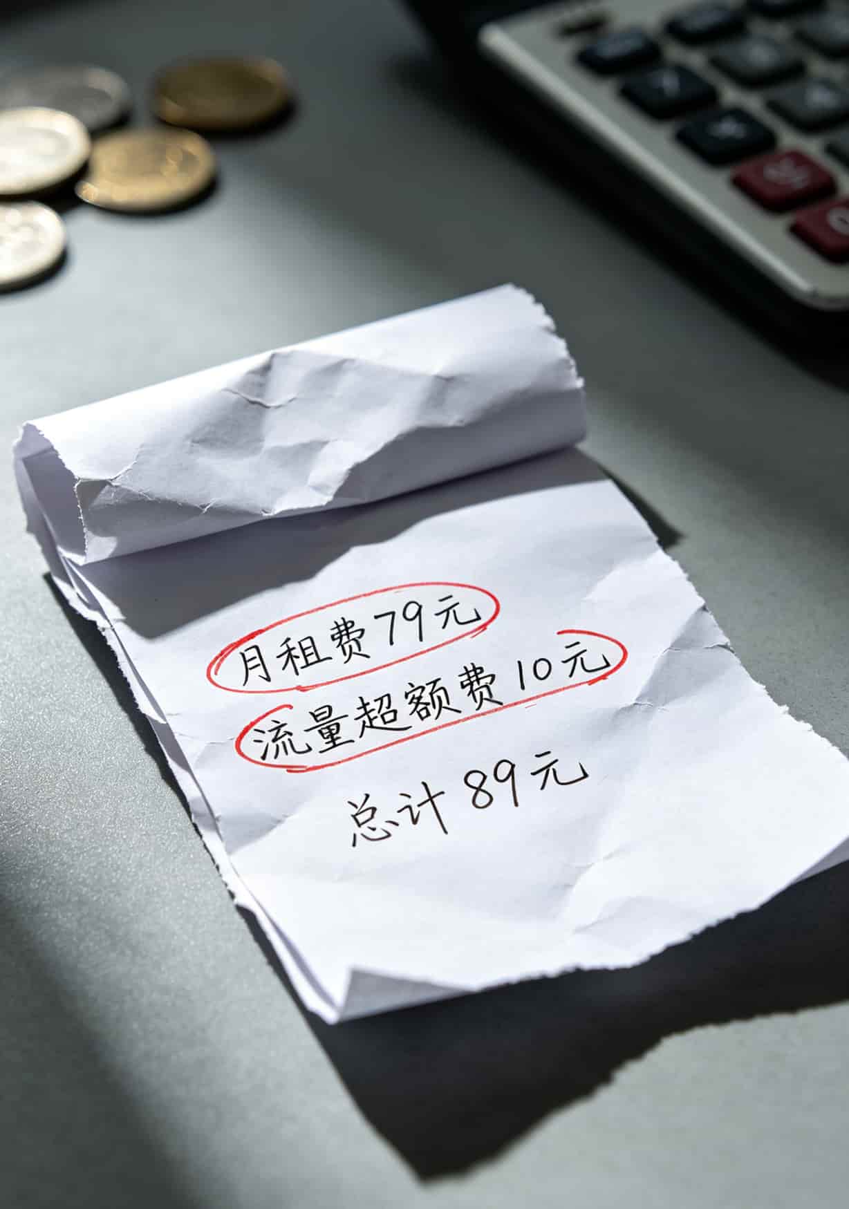 手机话费账单截图，显示月租79元加10元流量超额费，总计89元