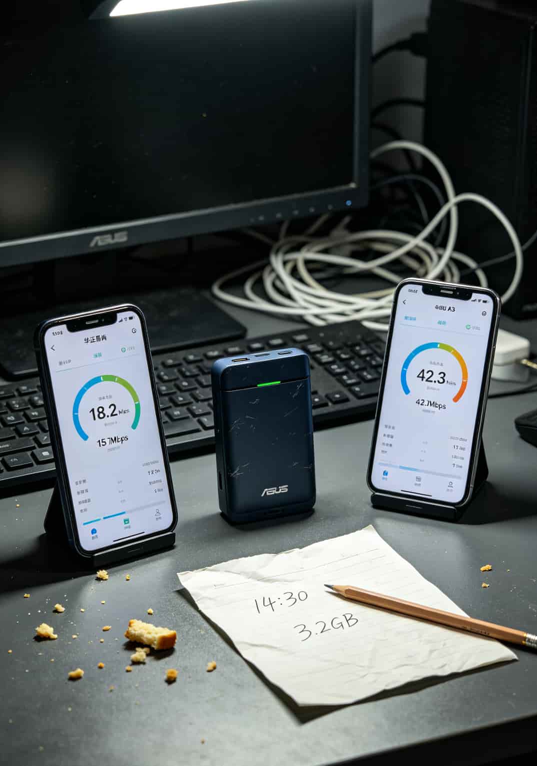办流量卡无限被坑了三年,我总结出这套随身WiFi避坑指南 三台设备并排摆放,屏幕上显示测速结果对比