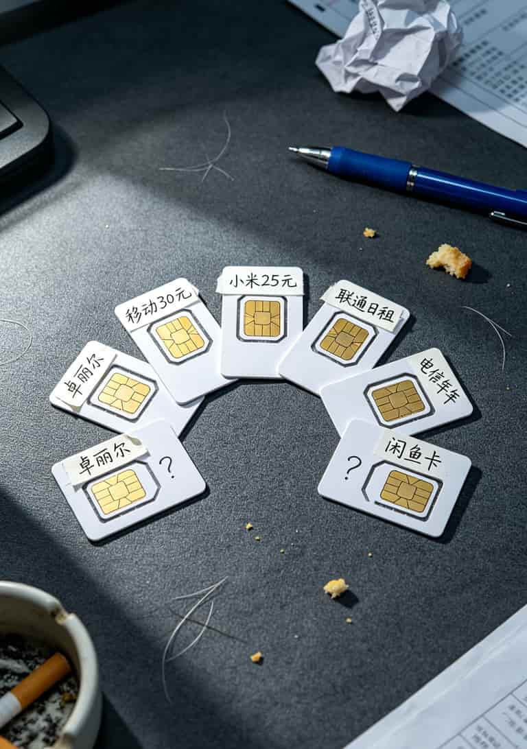 六张不同运营商的20g流量卡排成一排的照片