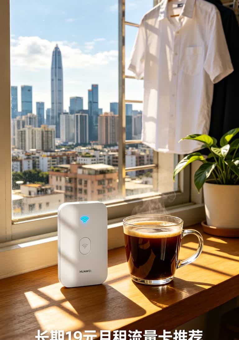 跑了8年业务,换了4台华为随身WiFi,最后还是这张“长期19元月租流量卡”治好了我的焦虑 华为随身WiFi和一杯咖啡放在窗台上,窗外是城市景色