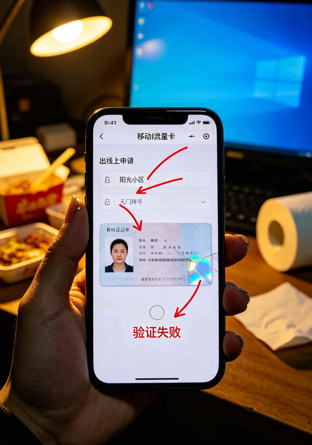 手机截图显示移动流量卡办理页面，箭头标注易错填项
