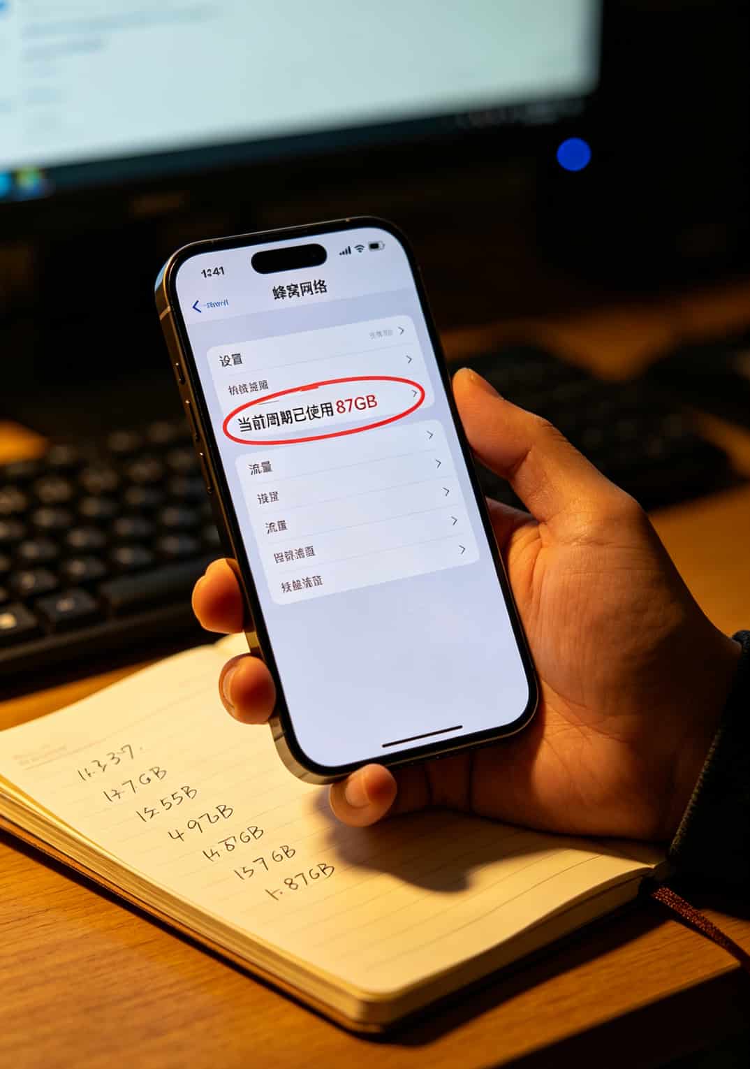 手机设置里查看流量使用情况的截图，显示当月已用87GB